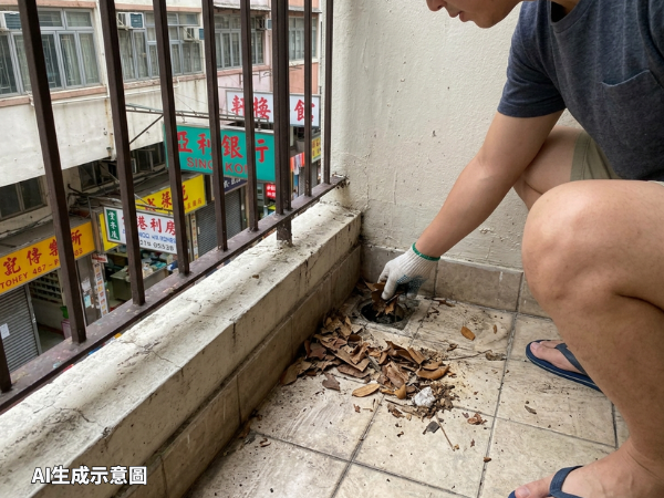 男子在露台清理去水位雜物,為打風前家居防風做準備