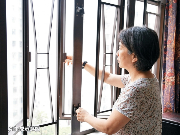 女子檢查窗戶及防盜窗鎖扣,準備迎接颱風和強風天氣