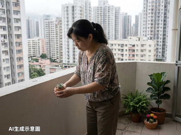 女子在露台整理盆栽,打風前收好戶外植物及雜物