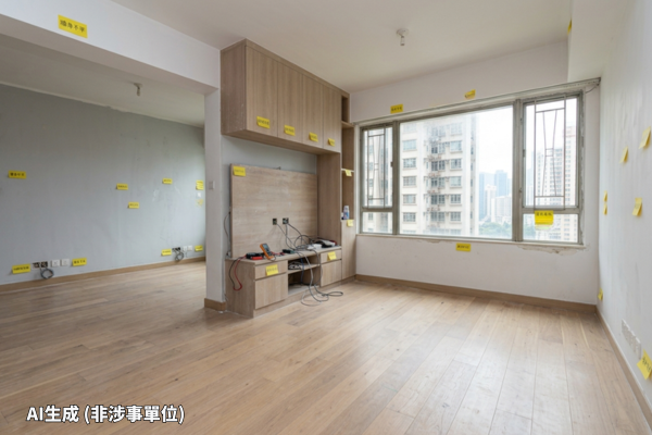 翻新中住宅單位示意圖,牆身及櫃位貼有工程標籤