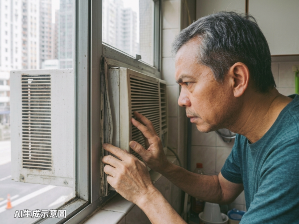 男子檢查窗口式冷氣機及窗框,為颱風前家居安全作準備