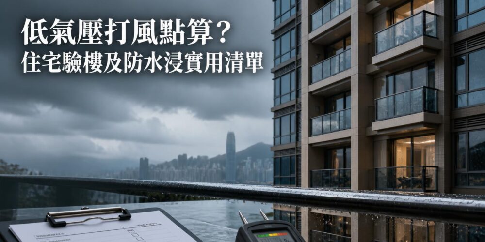 香港住宅大廈在低氣壓及雨天期間的窗框、露台及防水檢查示意，配有物業驗樓工具及標題文字。
