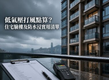 香港住宅大廈在低氣壓及雨天期間的窗框、露台及防水檢查示意，配有物業驗樓工具及標題文字。