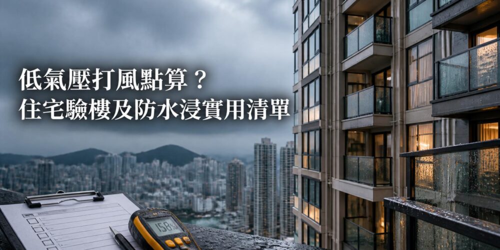 香港住宅大廈在低氣壓及雨天期間的窗框、露台及防水檢查示意,配有物業驗樓工具及標題文字。