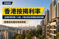 以香港住宅樓群及城市景觀為背景的按揭利率專題封面，展示「香港按揭利率」及 H 按、P 按比較相關標題。