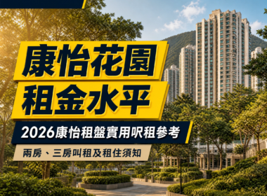 康怡花園住宅樓宇及綠化環境，配有康怡花園租金水平、康怡租盤實用呎租參考及兩房三房租住須知等繁體中文標題