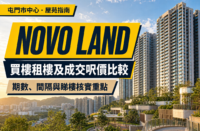 NOVO LAND 屋苑指南封面，以屯門住宅建築及綠化景觀為背景，展示買樓租樓及成交呎價比較主題。