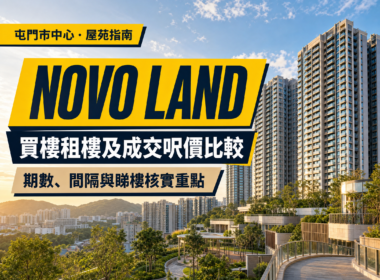 NOVO LAND 屋苑指南封面，以屯門住宅建築及綠化景觀為背景，展示買樓租樓及成交呎價比較主題。