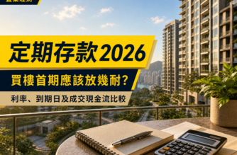 香港住宅大廈及城市景觀前，一張放有記事簿、文件及計算機的露台桌面，配以「定期存款2026」及買樓首期現金流相關標題。