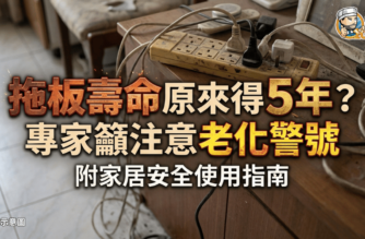 一張家居安全教學封面，背景係凌亂電線同拖板，中文字寫住拖板壽命可能只有 5 年，提醒注意老化警號。