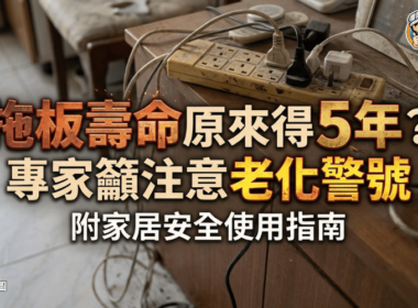 一張家居安全教學封面，背景係凌亂電線同拖板，中文字寫住拖板壽命可能只有 5 年，提醒注意老化警號。