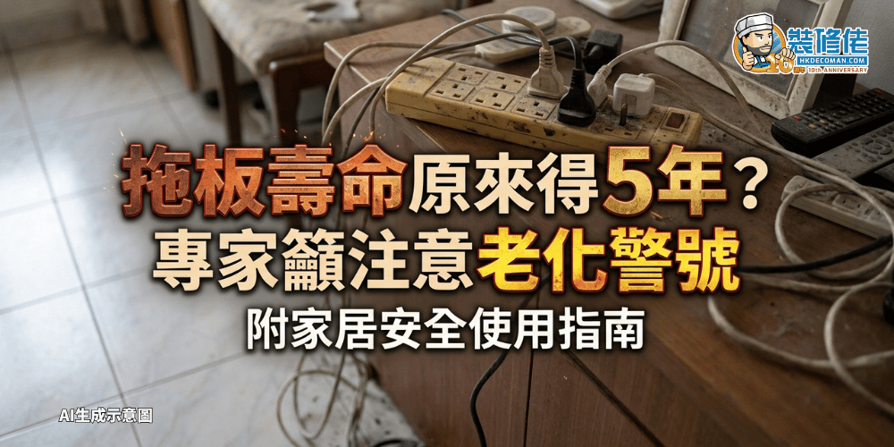 一張家居安全教學封面，背景係凌亂電線同拖板，中文字寫住拖板壽命可能只有 5 年，提醒注意老化警號。