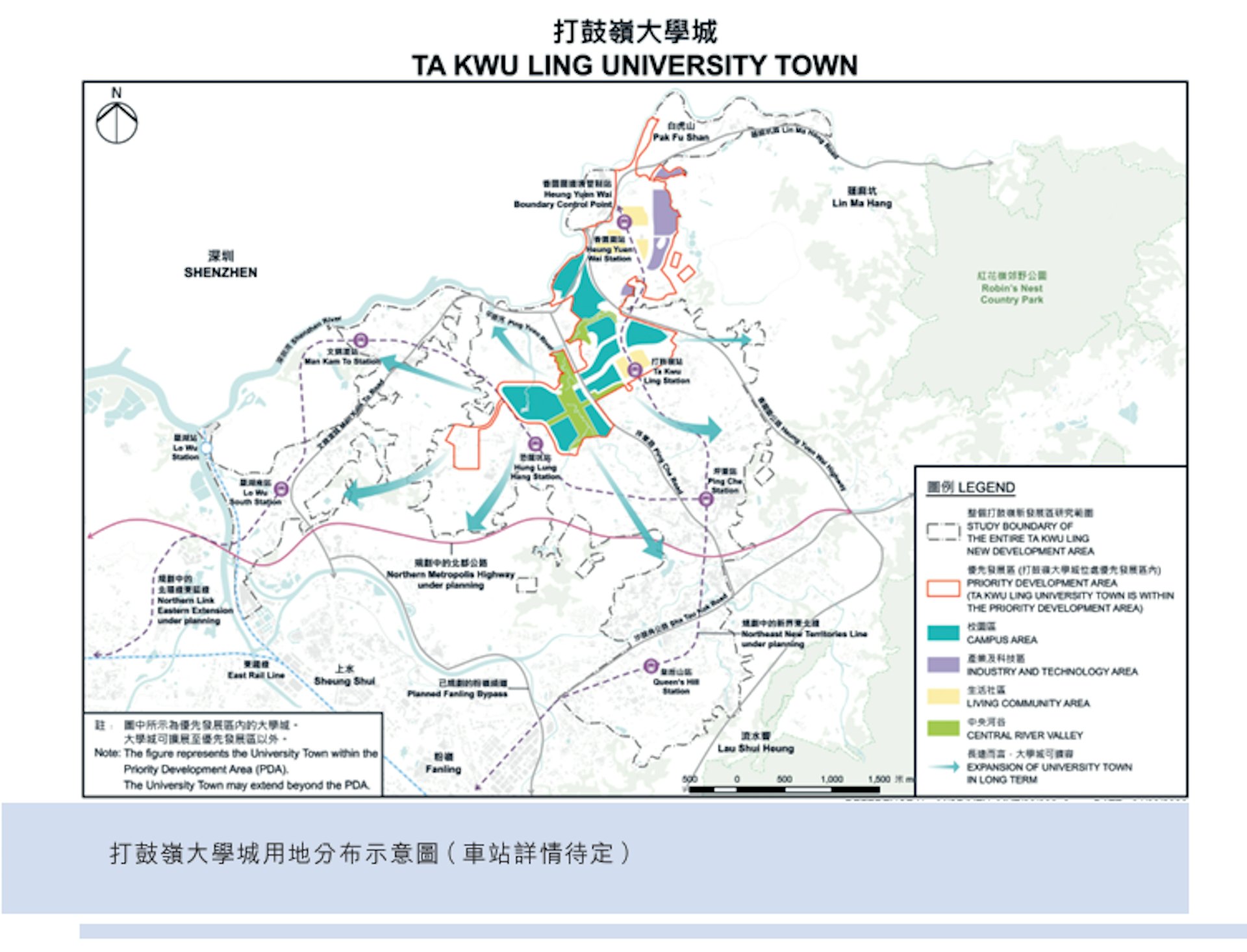 打鼓嶺大學城規劃圖,標示校園區、產業科技區、生活社區、中央河谷及交通網絡