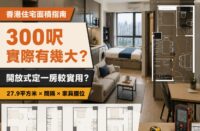 香港約300實用呎小型住宅及平面圖示意，介紹27.9平方米的空間大小、開放式與一房間隔及家具擺位
