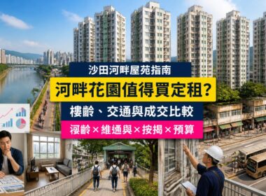 沙田河畔花園屋苑指南封面，展示城門河、住宅大廈、地面港鐵接駁、兩房單位及舊樓維修檢查