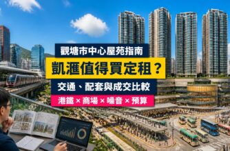 觀塘凱滙屋苑指南封面，展示四座住宅、裕民坊商場、公共運輸交匯處、行人天橋及成交比較