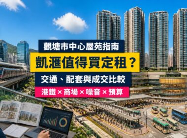 觀塘凱滙屋苑指南封面，展示四座住宅、裕民坊商場、公共運輸交匯處、行人天橋及成交比較