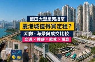 藍田麗港城屋苑指南封面，展示大型多期住宅群、東九龍海旁、巴士總站、藍田站步行接駁及驗樓場景