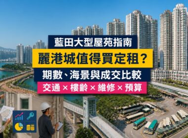 藍田麗港城屋苑指南封面，展示大型多期住宅群、東九龍海旁、巴士總站、藍田站步行接駁及驗樓場景