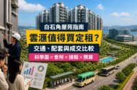 白石角雲滙屋苑指南封面，展示現代住宅群、香港科學園、巴士小巴接駁、吐露港一帶及驗樓場景