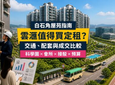 白石角雲滙屋苑指南封面，展示現代住宅群、香港科學園、巴士小巴接駁、吐露港一帶及驗樓場景