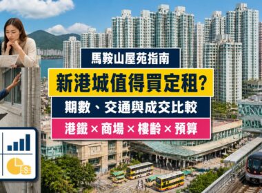 馬鞍山新港城屋苑指南封面，展示大型分期住宅群、馬鞍山站行人接駁、商場、巴士總站及驗樓場景