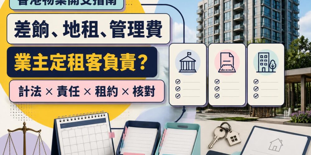 香港住宅大廈、帳單、租約及鎖匙組成的物業開支示意圖,介紹差餉、地租、管理費及業主租客責任