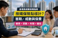 香港按揭保險指南封面，展示住宅大樓、按揭文件、保費計算器及保障盾牌，介紹高成數按揭、首期與審批