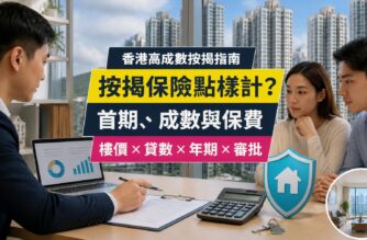 香港按揭保險指南封面，展示住宅大樓、按揭文件、保費計算器及保障盾牌，介紹高成數按揭、首期與審批