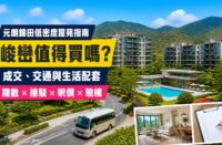 峻巒屋苑指南封面，展示元朗錦田低密度住宅、園林會所及接駁巴士，介紹成交呎價、交通、配套與驗樓重點