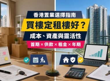 香港買樓與租樓比較指南封面，展示住宅大樓、出租單位、按揭計算器、租約、鎖匙及成本比較圖表