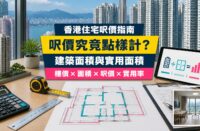 香港住宅呎價計算指南封面，展示住宅大樓、單位平面圖、計算器及量度工具，解釋建築面積與實用面積的分別