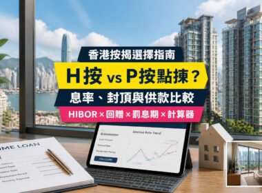 H按與P按比較指南封面，展示香港住宅、按揭供款計算器及利率圖表，介紹HIBOR、封頂位、現金回贈與罰息期