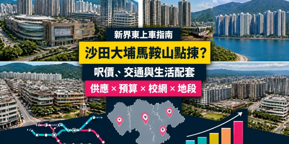 新界東上車地區比較封面，展示沙田、大埔、火炭、馬鞍山及粉嶺住宅、港鐵路線和呎價比較圖像