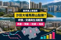 新界東上車地區比較封面，展示沙田、大埔、火炭、馬鞍山及粉嶺住宅、港鐵路線和呎價比較圖像