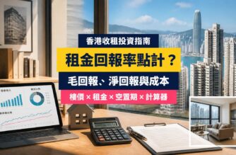 香港租金回報率指南封面，展示住宅大樓、出租單位、回報率計算器及財務圖表，介紹毛回報、淨回報與持有成本
