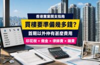 香港買樓開支指南封面，展示住宅大樓、置業開支計算器及交易文件，介紹首期、印花稅、代理佣金、律師費與雜費