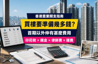 香港買樓開支指南封面，展示住宅大樓、置業開支計算器及交易文件，介紹首期、印花稅、代理佣金、律師費與雜費