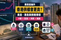 美債息與香港按揭分析封面，展示美國國債孳息率圖表、港元利率傳導、香港住宅及H按與定息比較