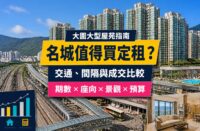 大圍名城屋苑指南封面，展示大型住宅群、鐵路交通、家庭單位、會所設施及成交比較元素
