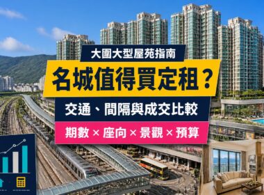 大圍名城屋苑指南封面，展示大型住宅群、鐵路交通、家庭單位、會所設施及成交比較元素