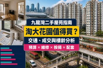 淘大花園屋苑指南封面，展示九龍灣成熟住宅群、行人天橋、商場、細戶型及樓齡維修比較