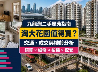 淘大花園屋苑指南封面，展示九龍灣成熟住宅群、行人天橋、商場、細戶型及樓齡維修比較