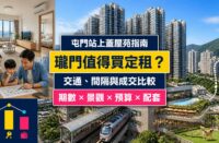 瓏門屋苑指南封面，展示屯門站上蓋住宅群、鐵路接駁、商場、家庭單位及成交比較