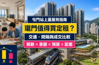 瓏門屋苑指南封面，展示屯門站上蓋住宅群、鐵路接駁、商場、家庭單位及成交比較