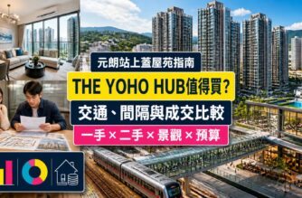 THE YOHO HUB屋苑指南封面，展示元朗站上蓋住宅群、鐵路接駁、商場、單位內櫳及一二手樓價比較