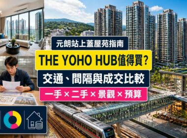 THE YOHO HUB屋苑指南封面，展示元朗站上蓋住宅群、鐵路接駁、商場、單位內櫳及一二手樓價比較