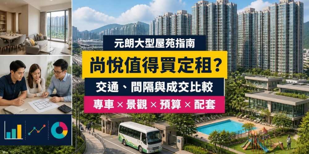 尚悅屋苑指南封面,展示元朗大型住宅群、住客專車、會所泳池、家庭單位及成交比較