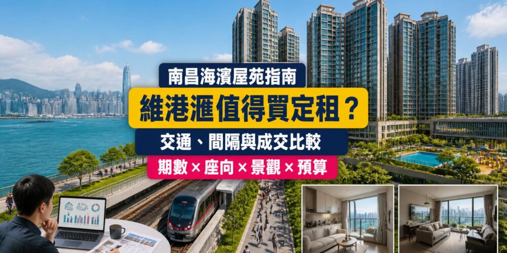 南昌維港滙屋苑指南封面,展示西九龍海濱住宅群、地面步行鐵路接駁、不同戶型及成交比較