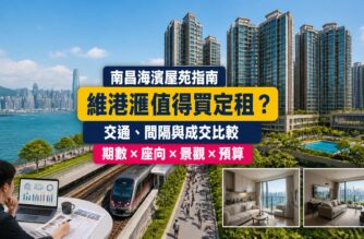 南昌維港滙屋苑指南封面，展示西九龍海濱住宅群、地面步行鐵路接駁、不同戶型及成交比較